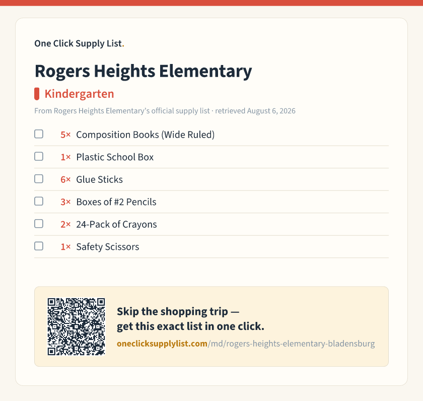 Rogers Heights Elementary Kindergarten supply list — printable image