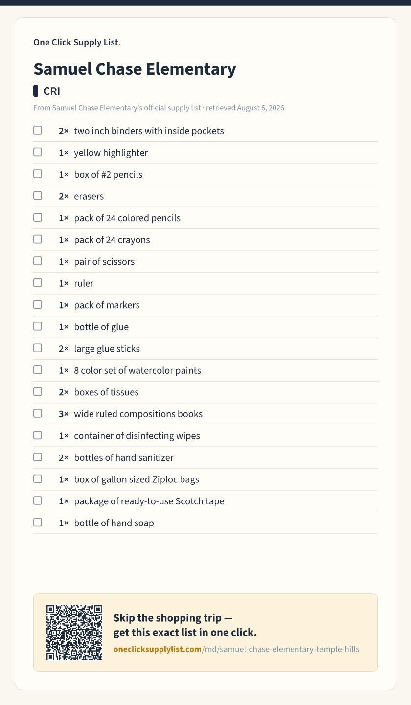 Samuel Chase Elementary CRI supply list — printable image