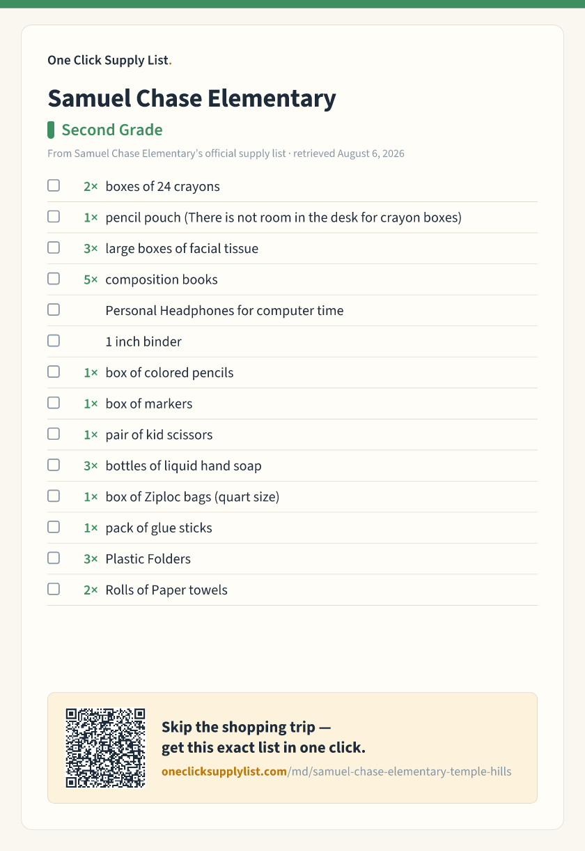 Samuel Chase Elementary Second Grade supply list — printable image