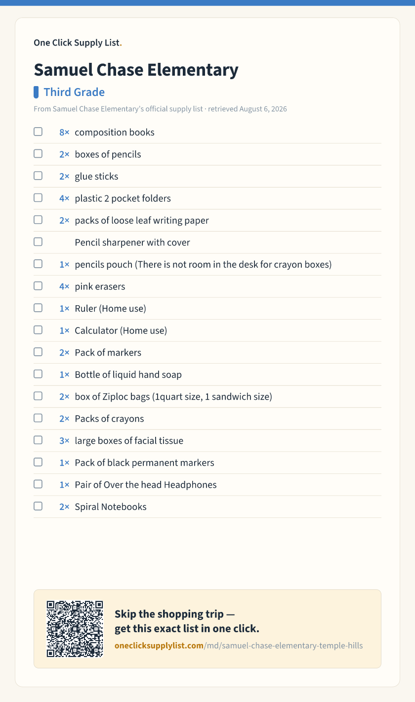 Samuel Chase Elementary Third Grade supply list — printable image