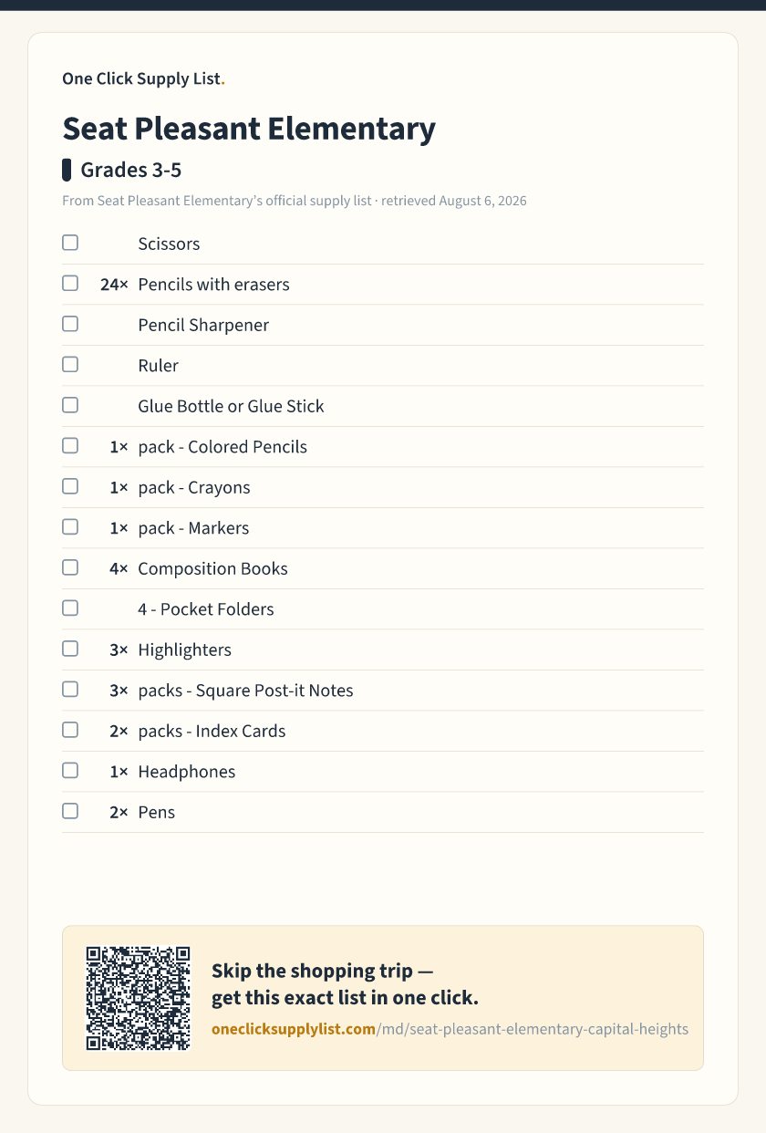 Seat Pleasant Elementary Grades 3-5 supply list — printable image
