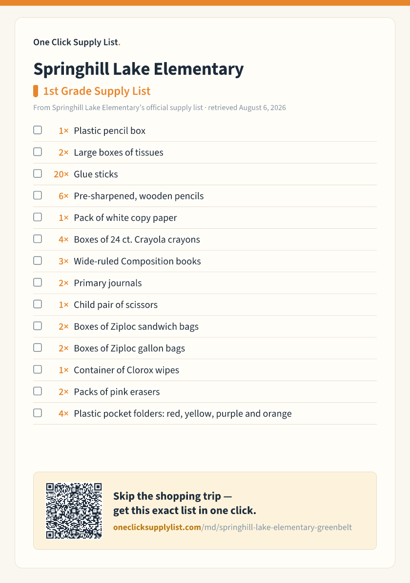 Springhill Lake Elementary 1st Grade Supply List supply list — printable image