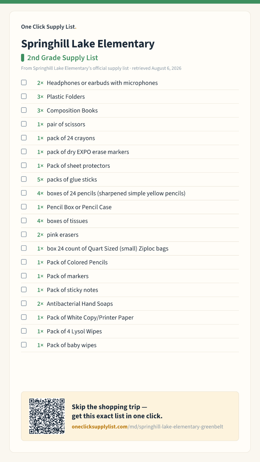 Springhill Lake Elementary 2nd Grade Supply List supply list — printable image