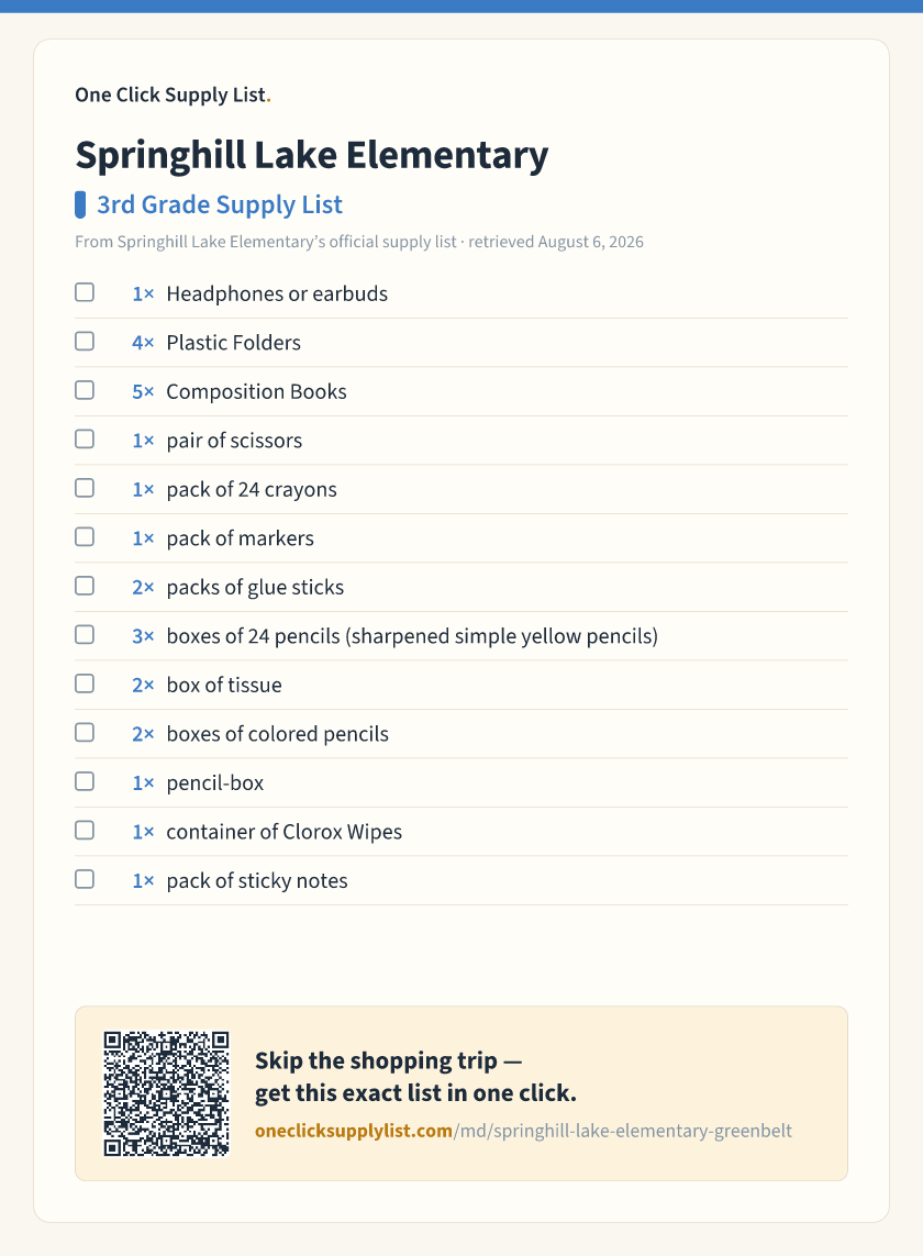 Springhill Lake Elementary 3rd Grade Supply List supply list — printable image