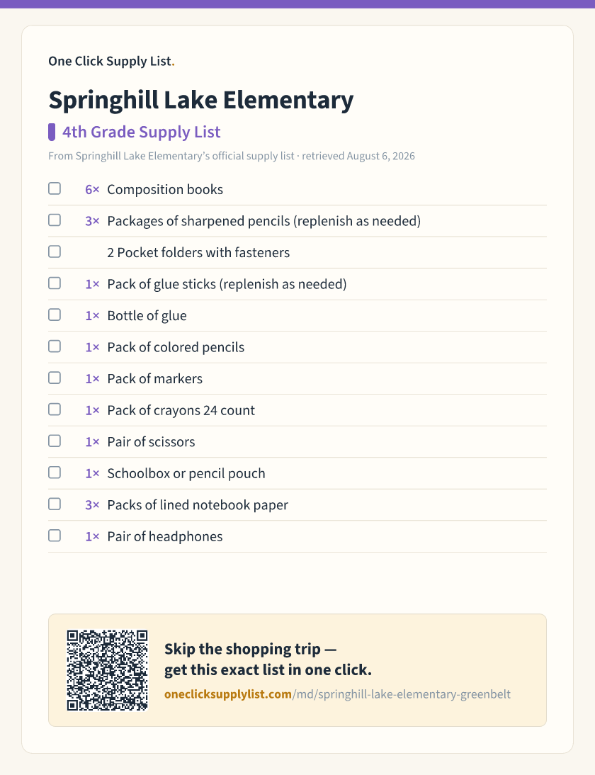 Springhill Lake Elementary 4th Grade Supply List supply list — printable image