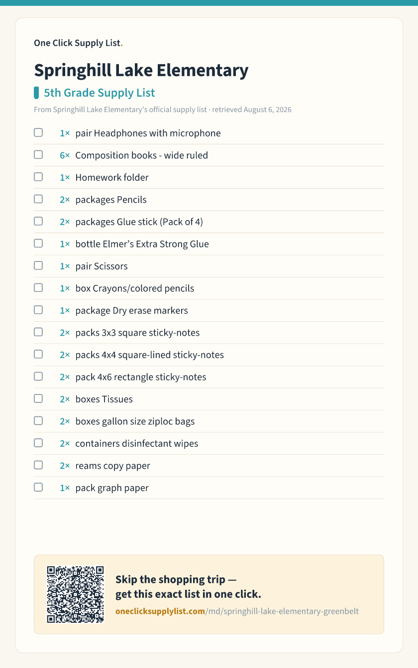 Springhill Lake Elementary 5th Grade Supply List supply list — printable image