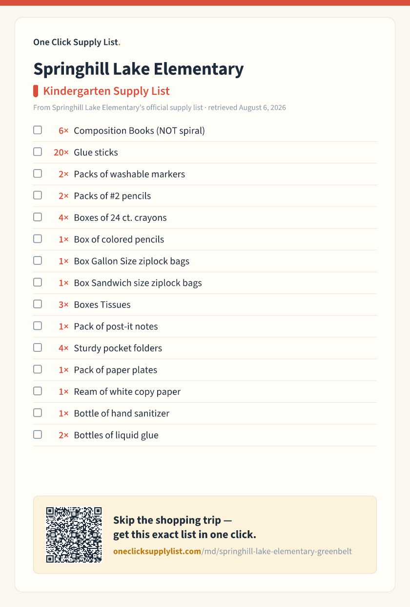 Springhill Lake Elementary Kindergarten Supply List supply list — printable image