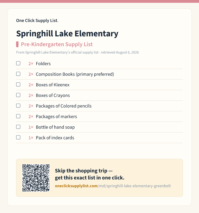 Springhill Lake Elementary Pre-Kindergarten Supply List supply list — printable image