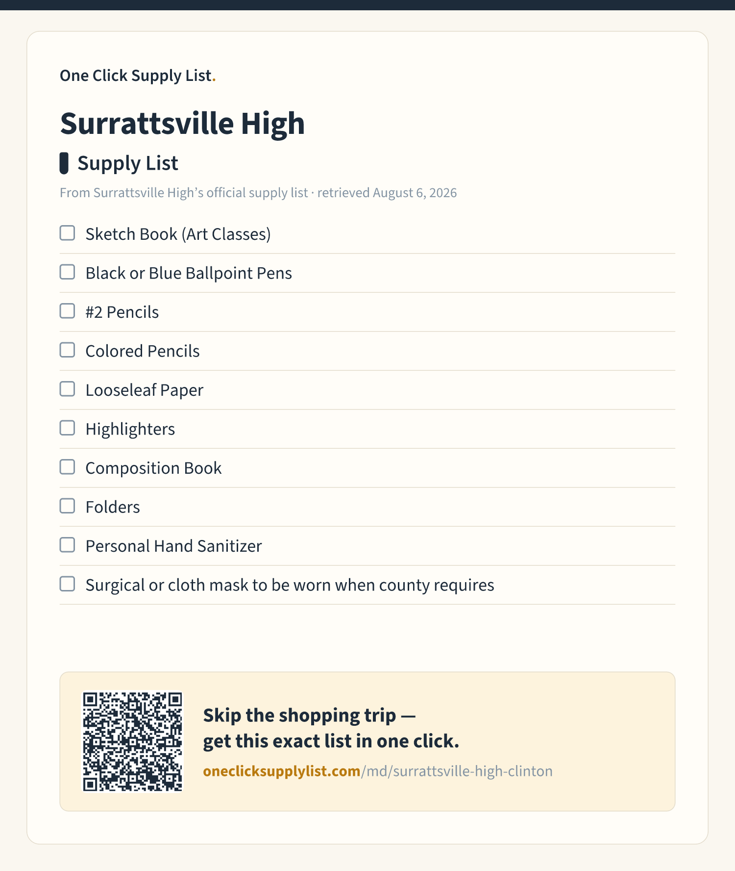 Surrattsville High Supply List supply list — printable image