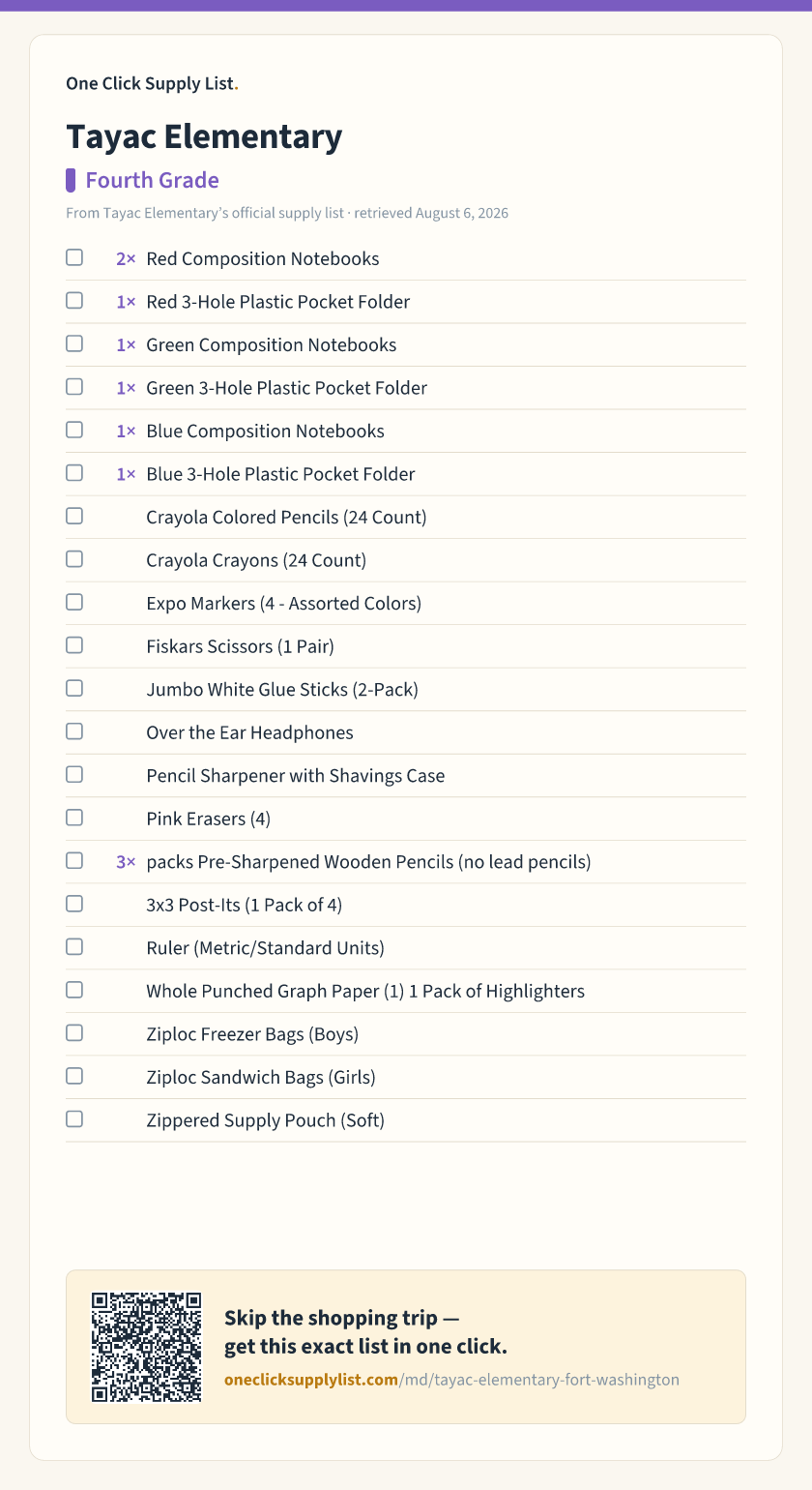 Tayac Elementary Fourth Grade supply list — printable image
