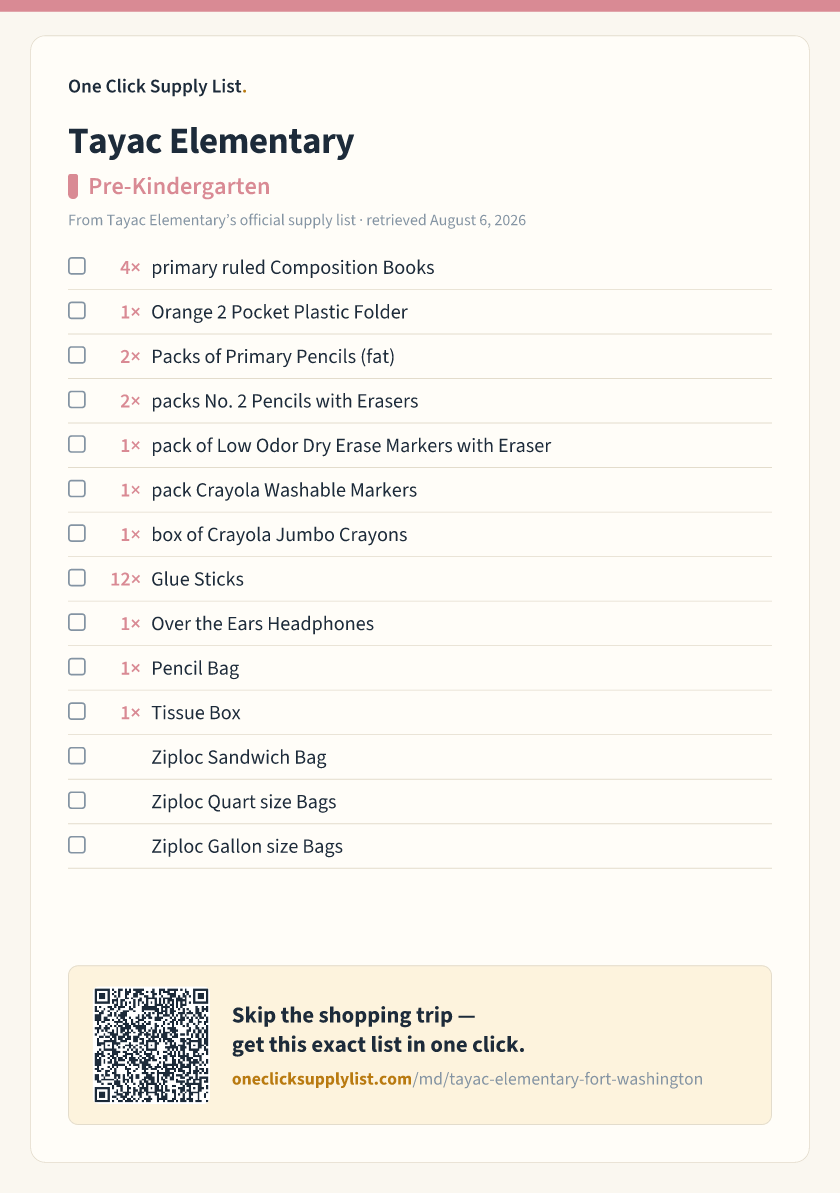 Tayac Elementary Pre-Kindergarten supply list — printable image
