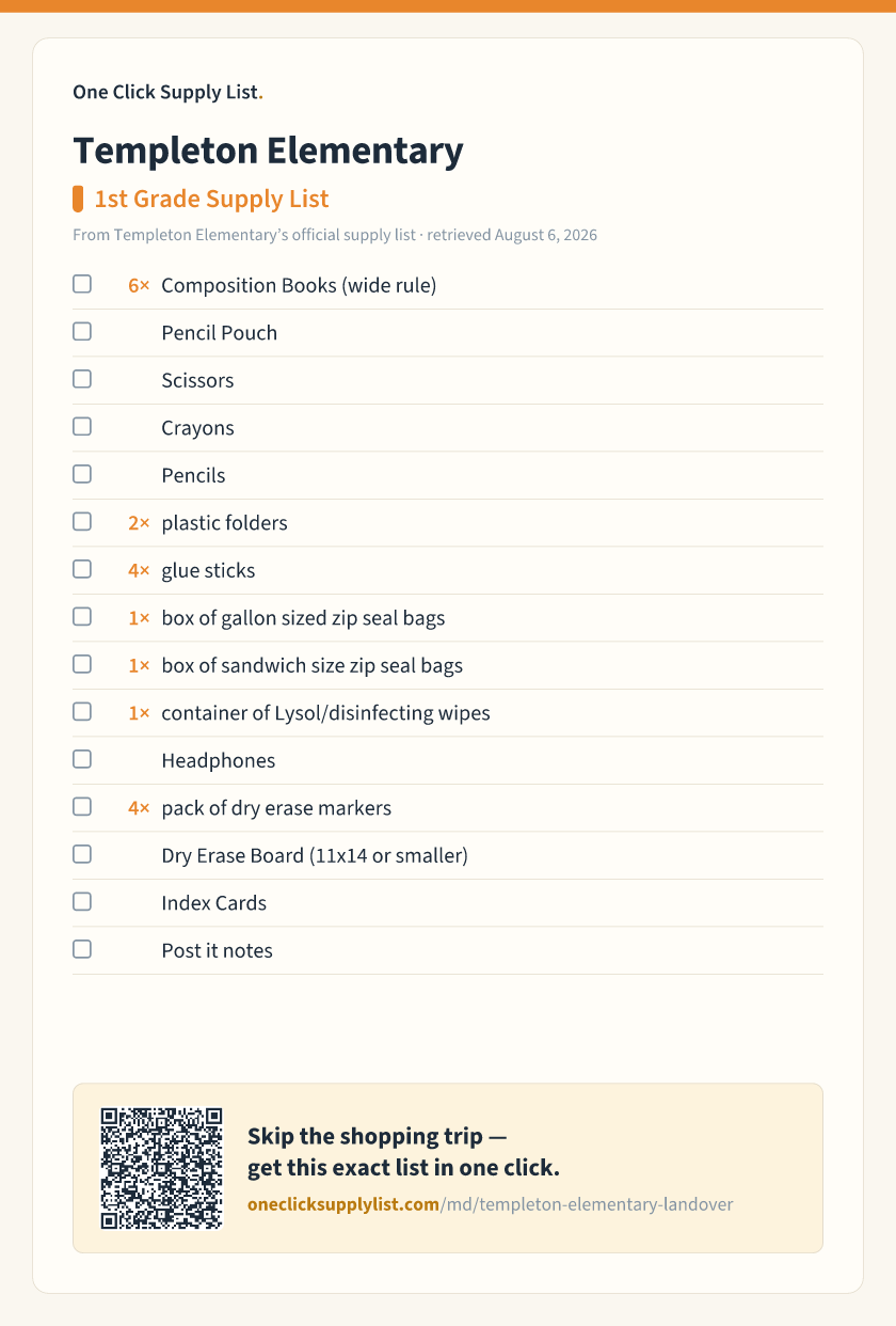 Templeton Elementary 1st Grade Supply List supply list — printable image