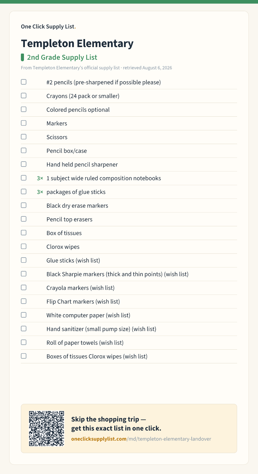 Templeton Elementary 2nd Grade Supply List supply list — printable image