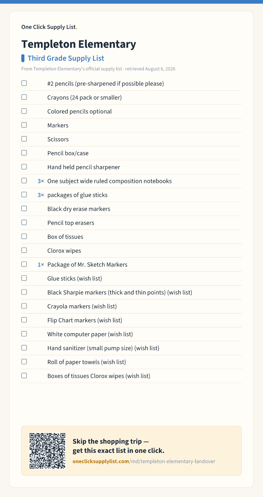 Templeton Elementary Third Grade Supply List supply list — printable image