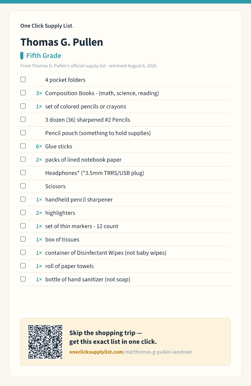 Thomas G. Pullen Fifth Grade supply list — printable image