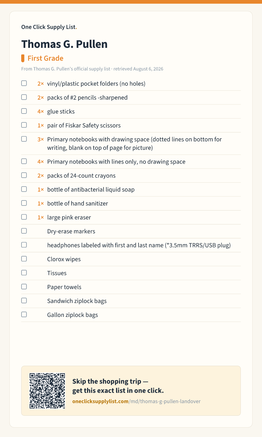 Thomas G. Pullen First Grade supply list — printable image