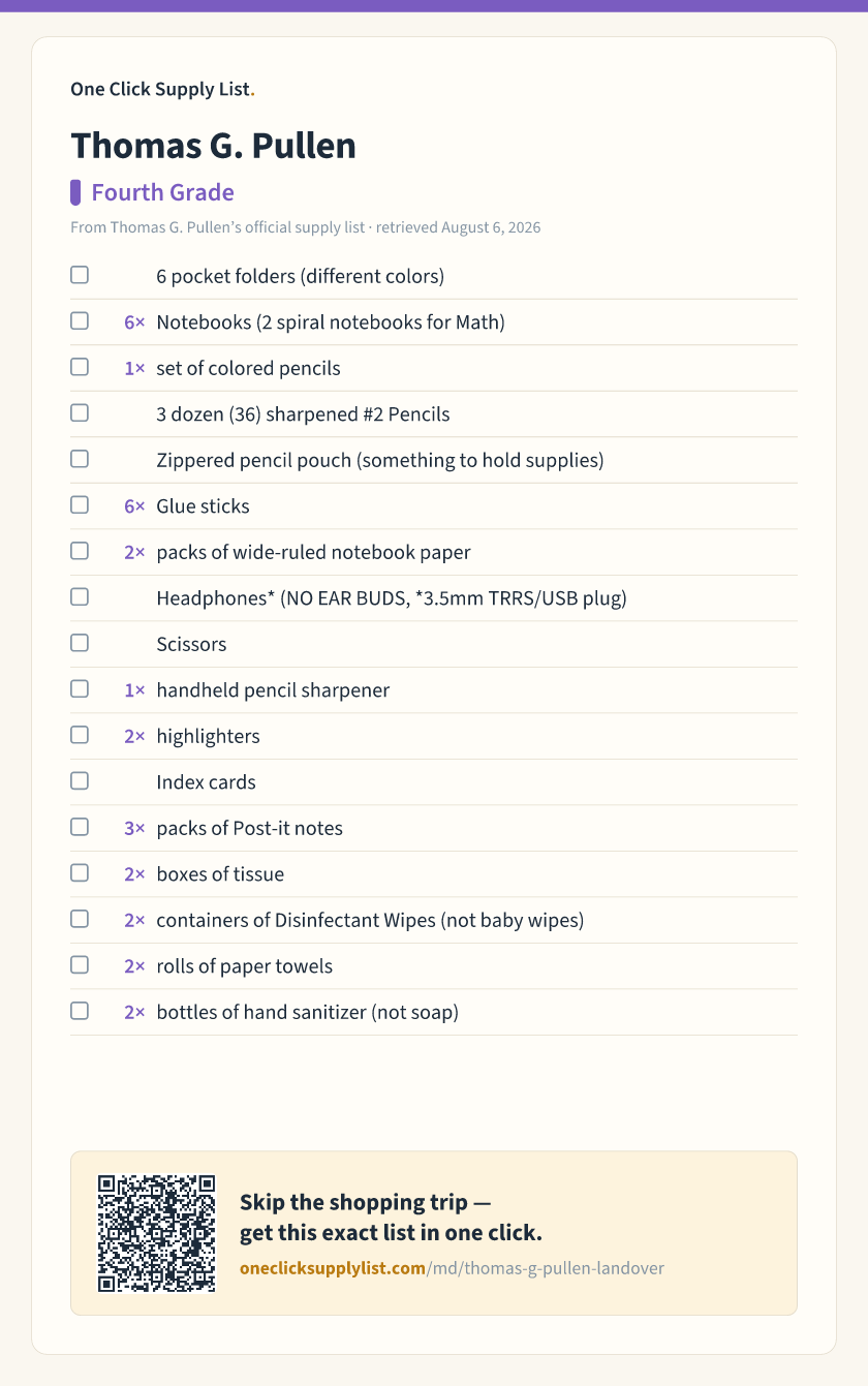Thomas G. Pullen Fourth Grade supply list — printable image
