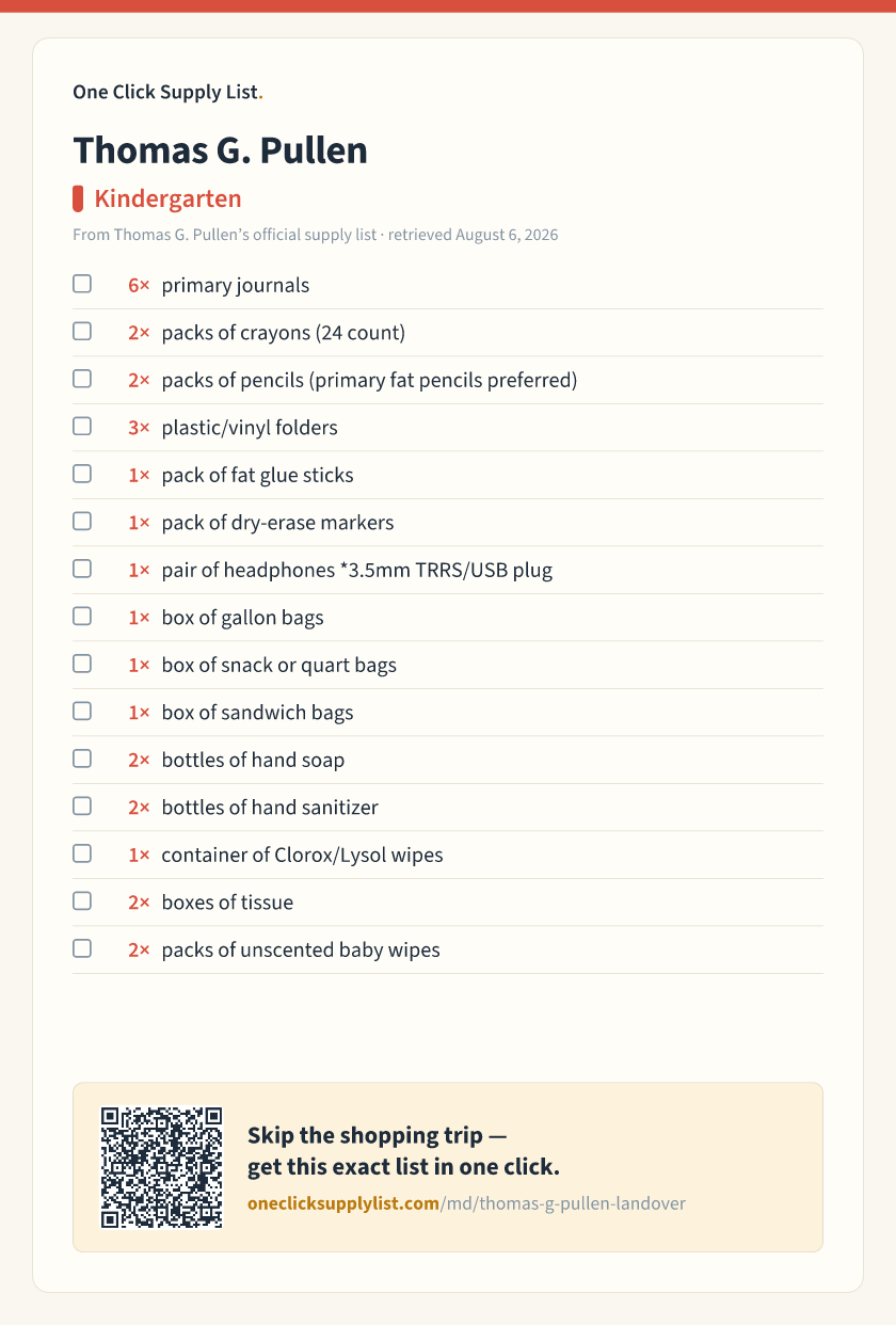 Thomas G. Pullen Kindergarten supply list — printable image
