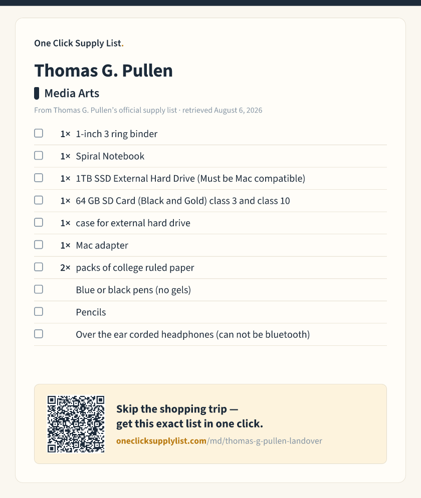 Thomas G. Pullen Media Arts supply list — printable image