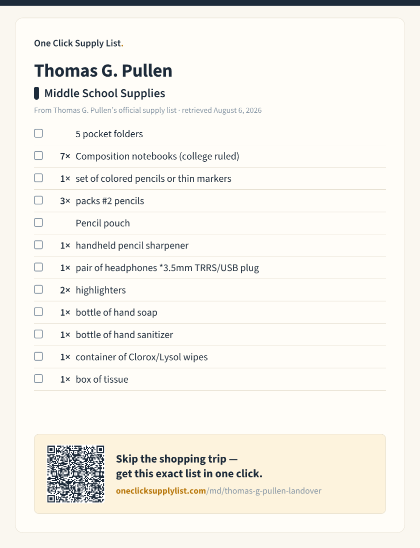 Thomas G. Pullen Middle School Supplies supply list — printable image