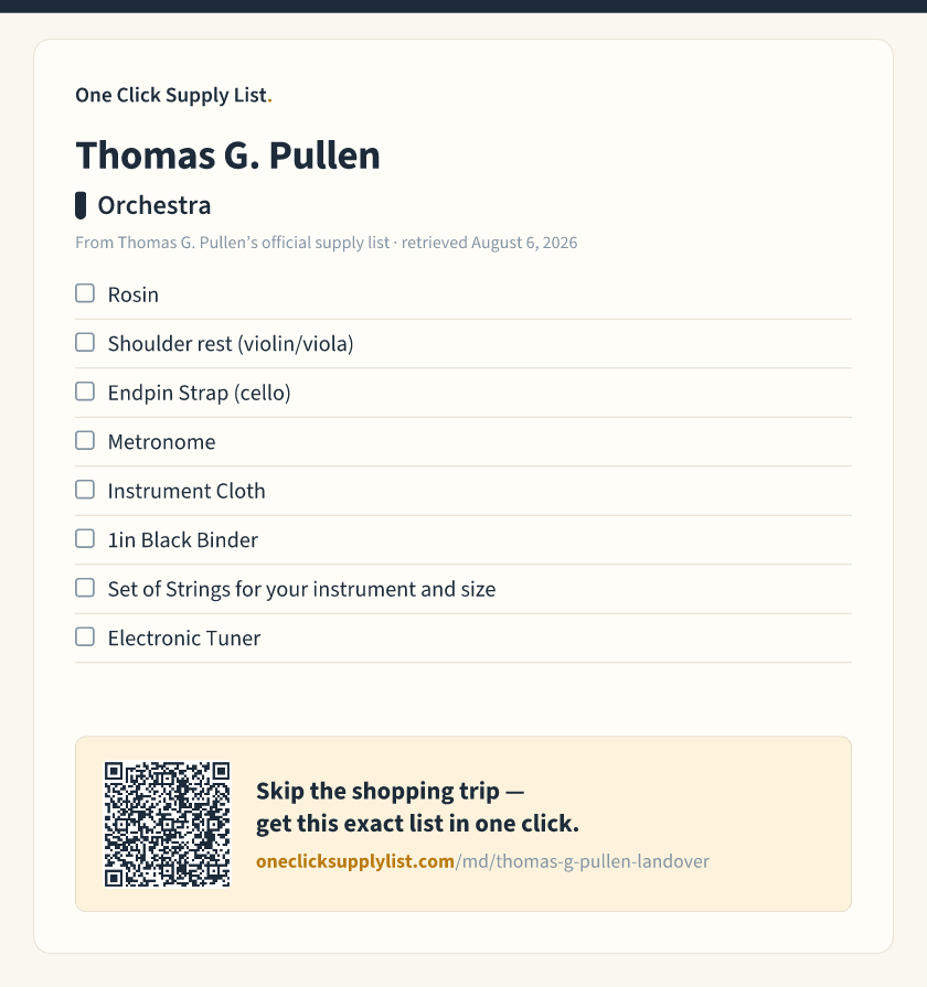 Thomas G. Pullen Orchestra supply list — printable image