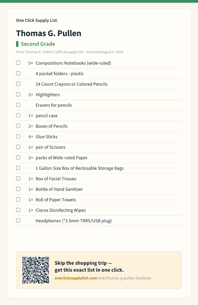 Thomas G. Pullen Second Grade supply list — printable image