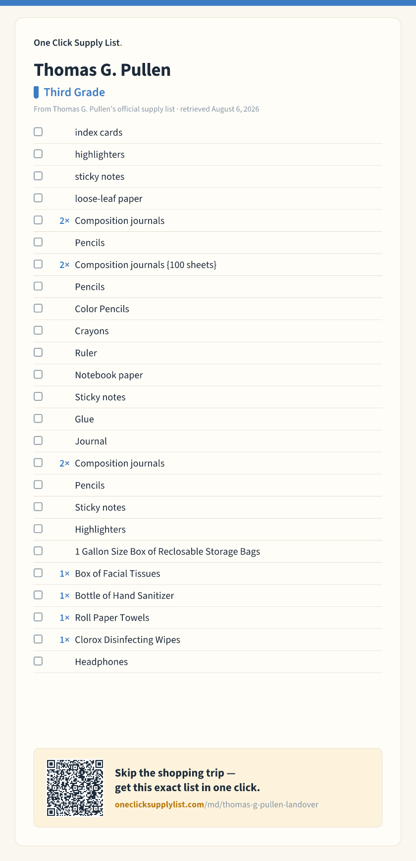 Thomas G. Pullen Third Grade supply list — printable image
