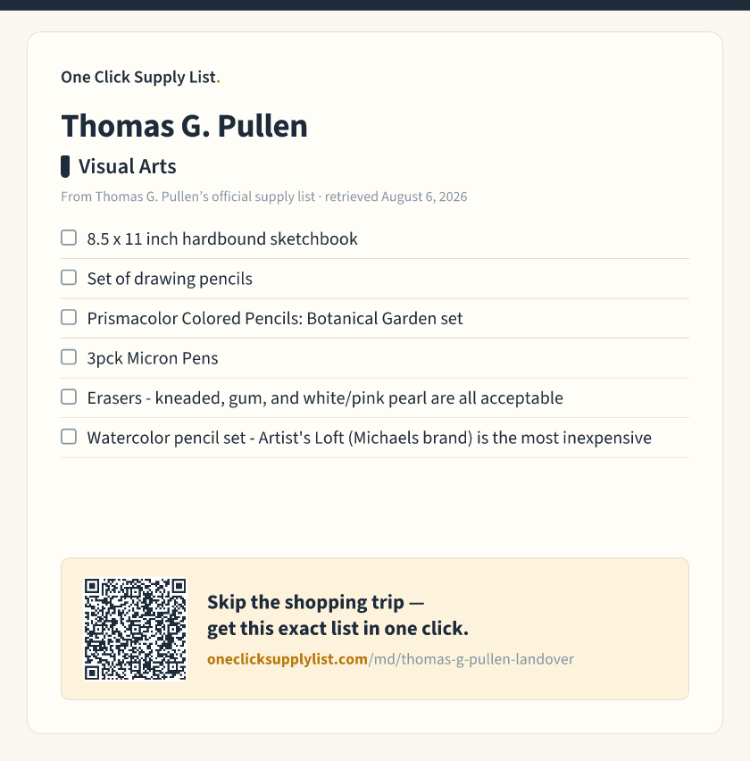 Thomas G. Pullen Visual Arts supply list — printable image