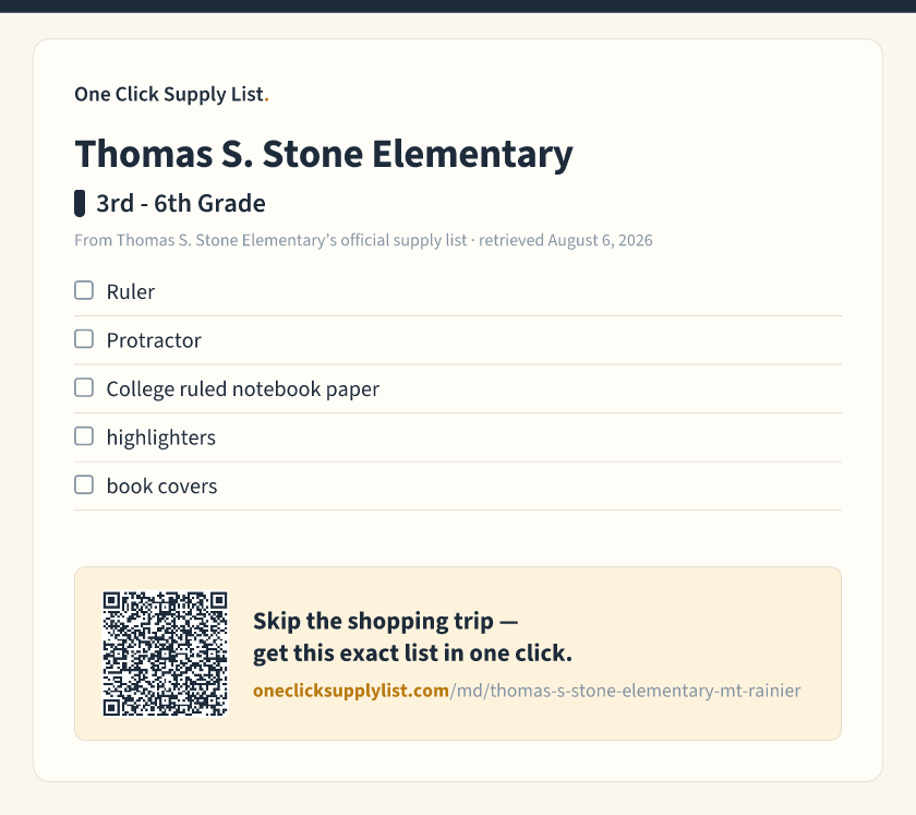 Thomas S. Stone Elementary 3rd - 6th Grade supply list — printable image