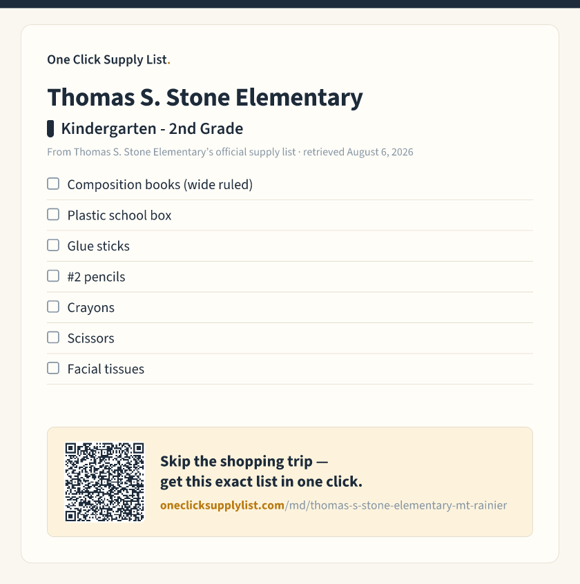 Thomas S. Stone Elementary Kindergarten - 2nd Grade supply list — printable image