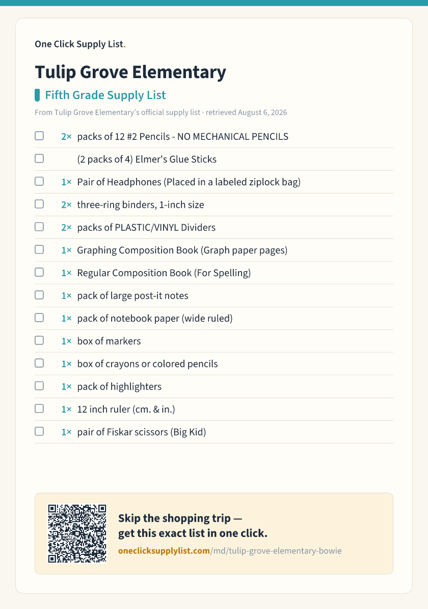 Tulip Grove Elementary Fifth Grade Supply List supply list — printable image