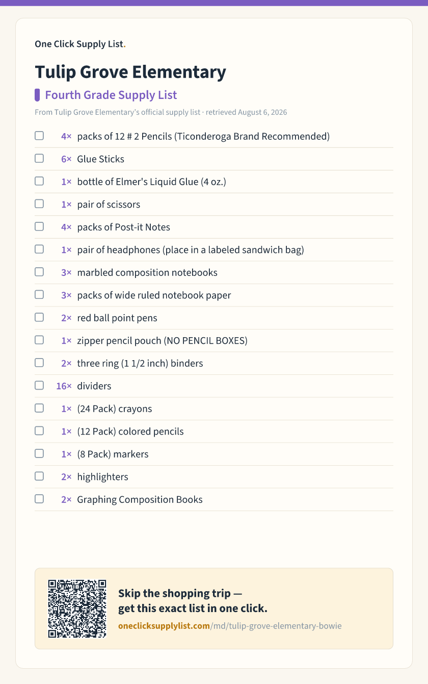 Tulip Grove Elementary Fourth Grade Supply List supply list — printable image