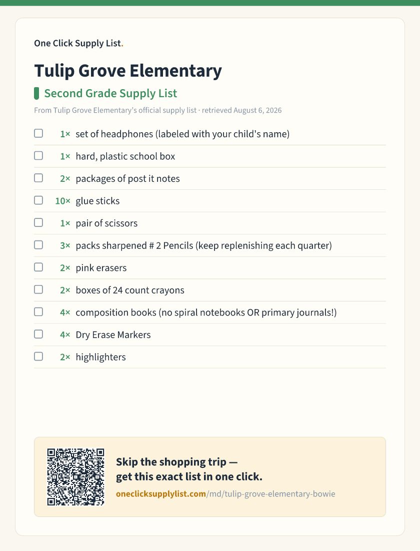 Tulip Grove Elementary Second Grade Supply List supply list — printable image