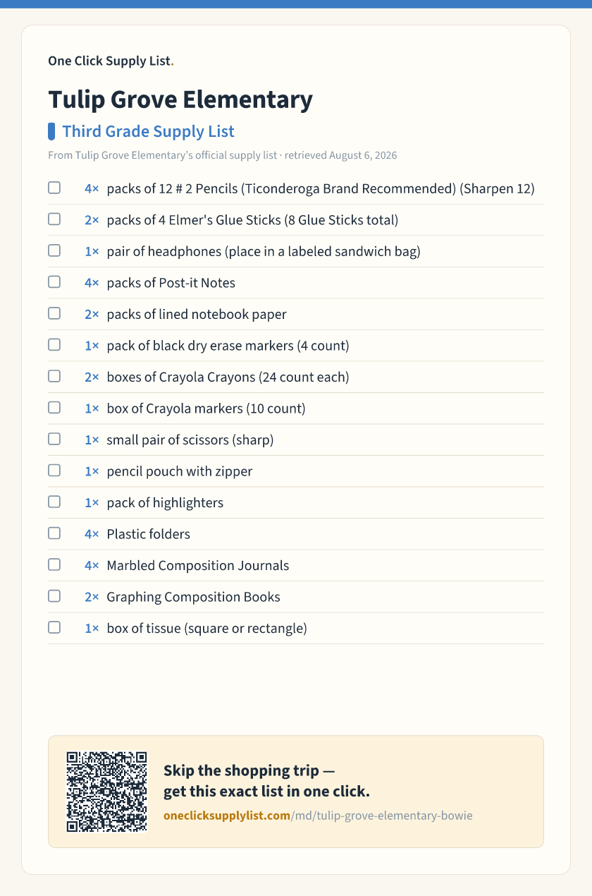 Tulip Grove Elementary Third Grade Supply List supply list — printable image