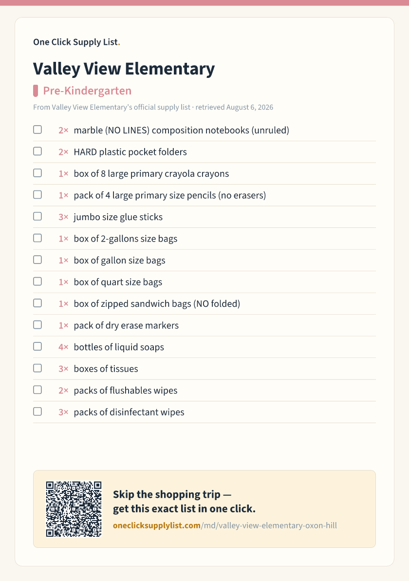 Valley View Elementary Pre-Kindergarten supply list — printable image