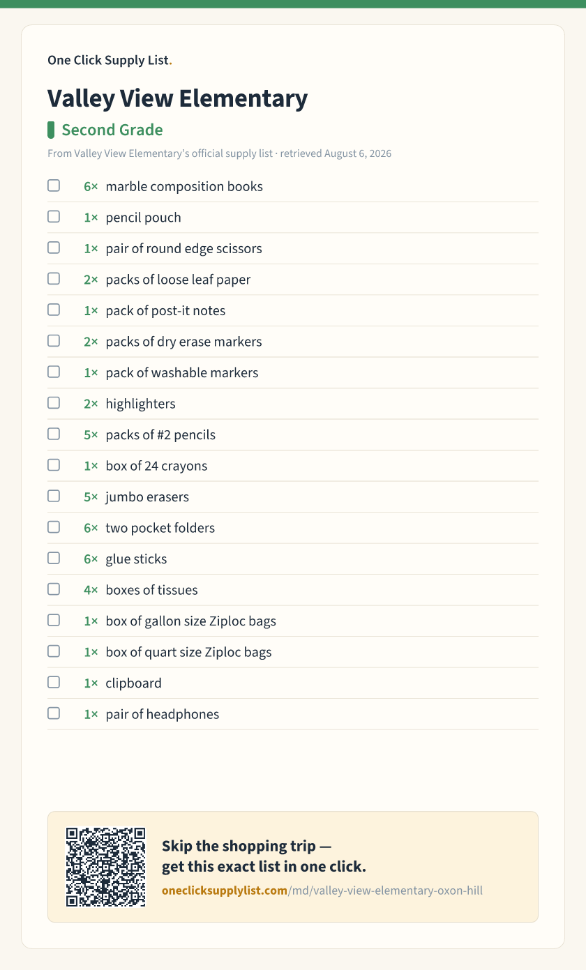 Valley View Elementary Second Grade supply list — printable image
