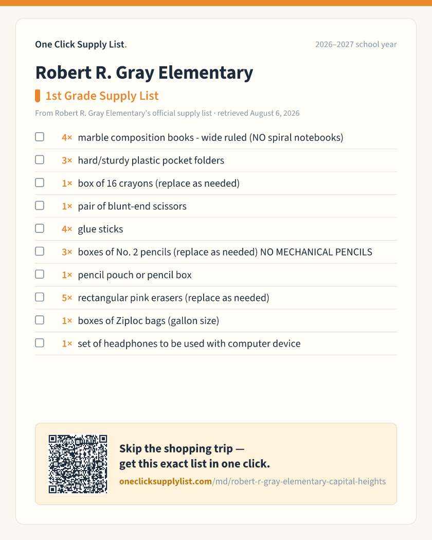 Robert R. Gray Elementary 1st Grade Supply List supply list — printable image