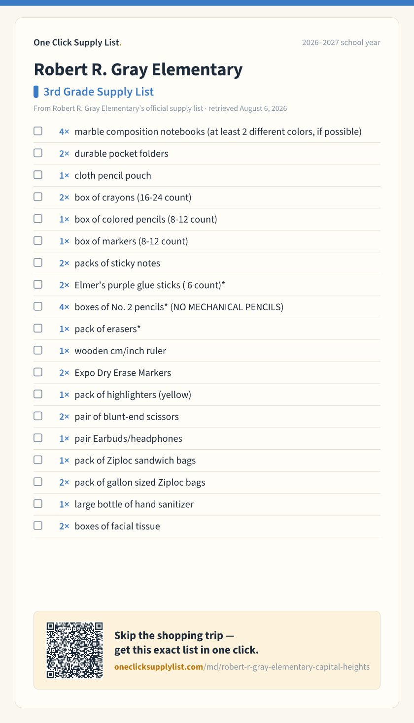 Robert R. Gray Elementary 3rd Grade Supply List supply list — printable image