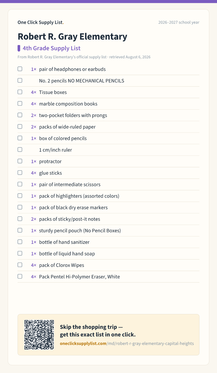 Robert R. Gray Elementary 4th Grade Supply List supply list — printable image