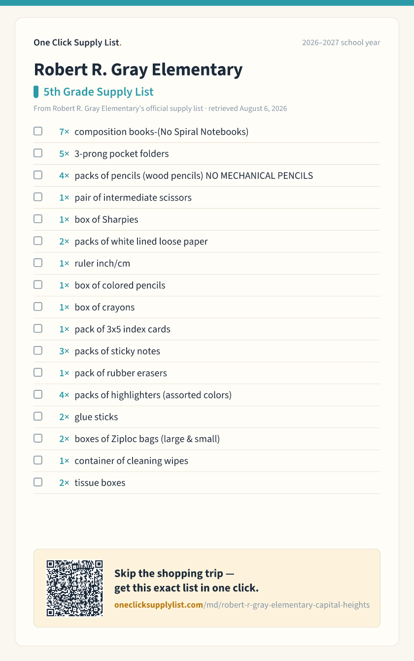 Robert R. Gray Elementary 5th Grade Supply List supply list — printable image