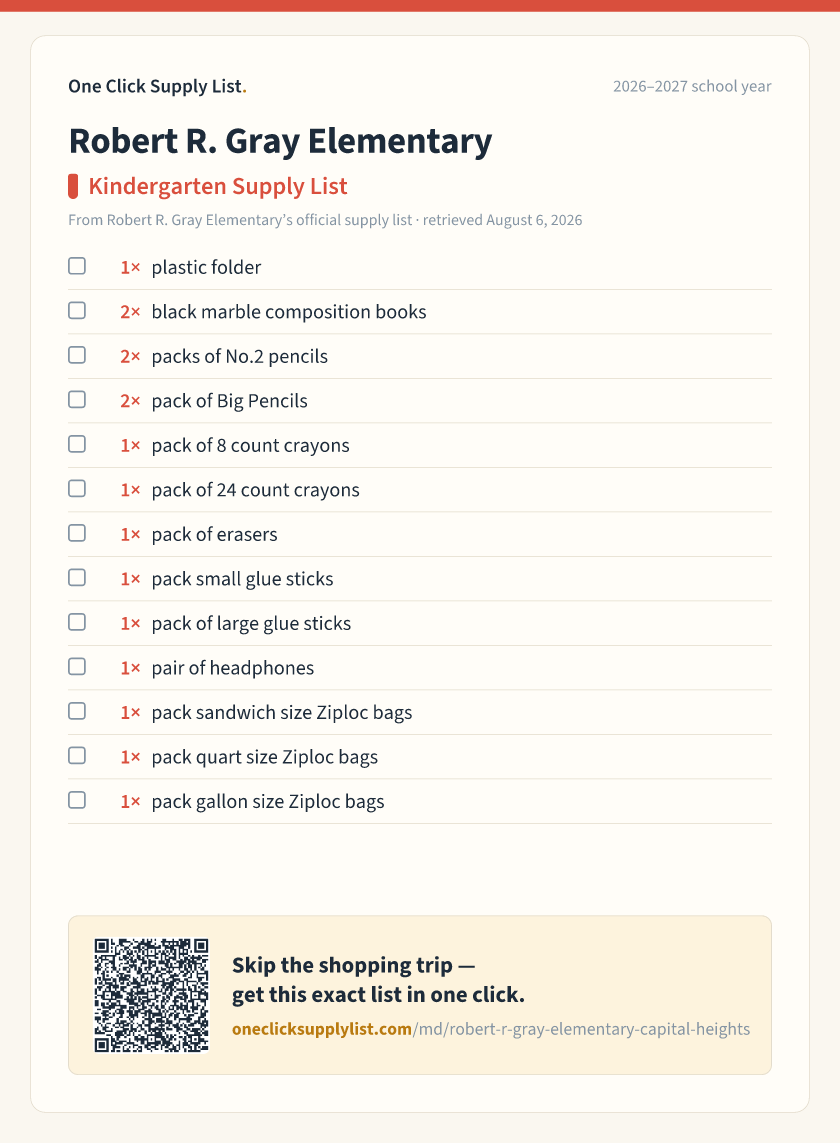 Robert R. Gray Elementary Kindergarten Supply List supply list — printable image