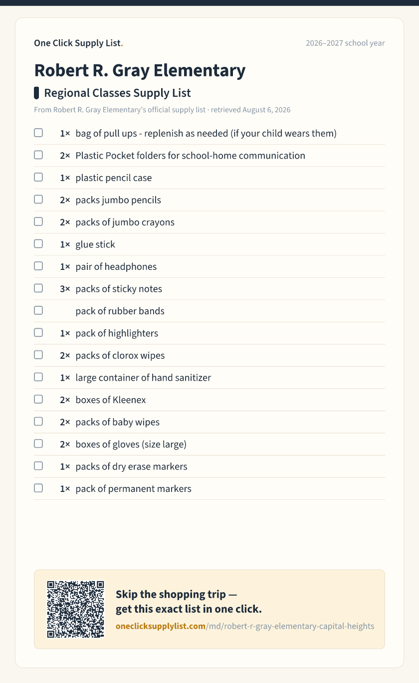 Robert R. Gray Elementary Regional Classes Supply List supply list — printable image