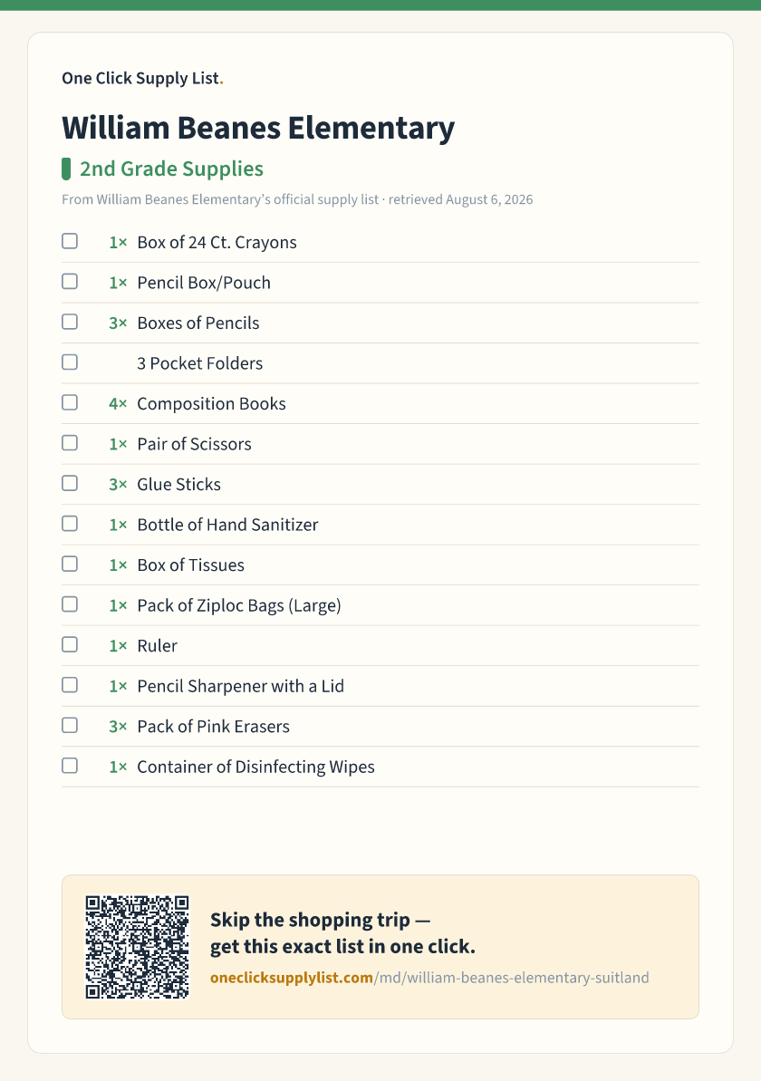 William Beanes Elementary 2nd Grade Supplies supply list — printable image