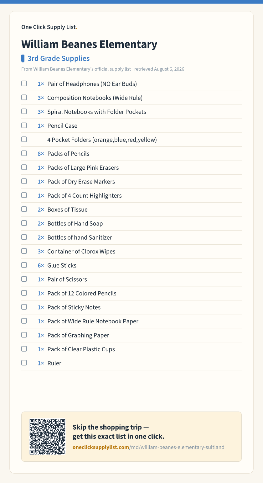 William Beanes Elementary 3rd Grade Supplies supply list — printable image