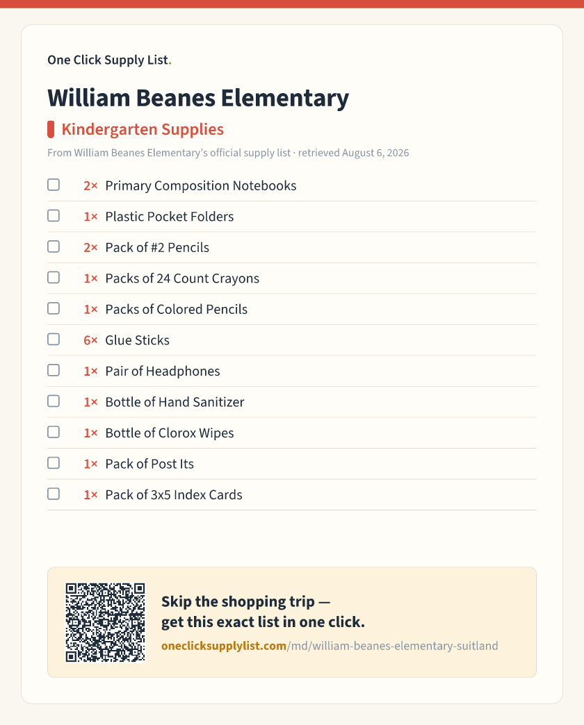 William Beanes Elementary Kindergarten Supplies supply list — printable image