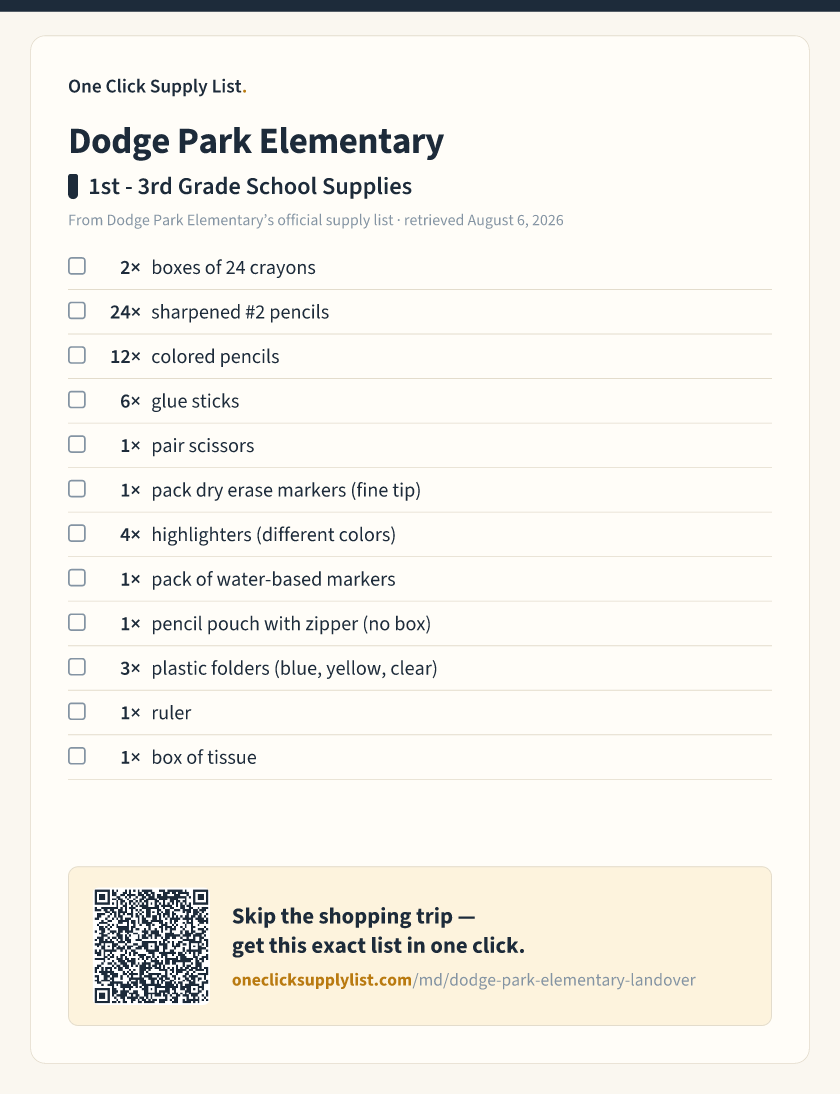 Dodge Park Elementary 1st - 3rd Grade School Supplies supply list — printable image