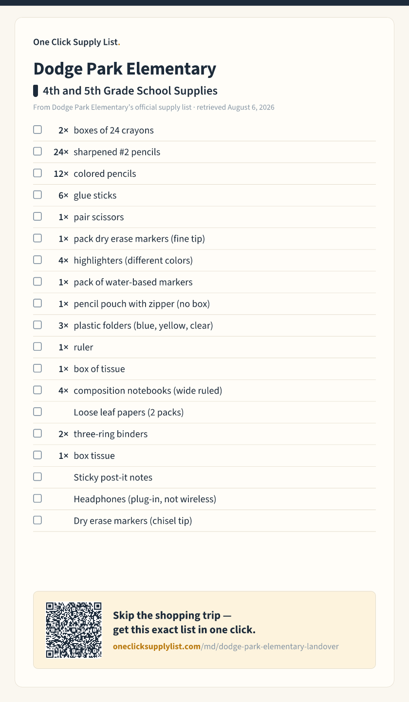 Dodge Park Elementary 4th and 5th Grade School Supplies supply list — printable image