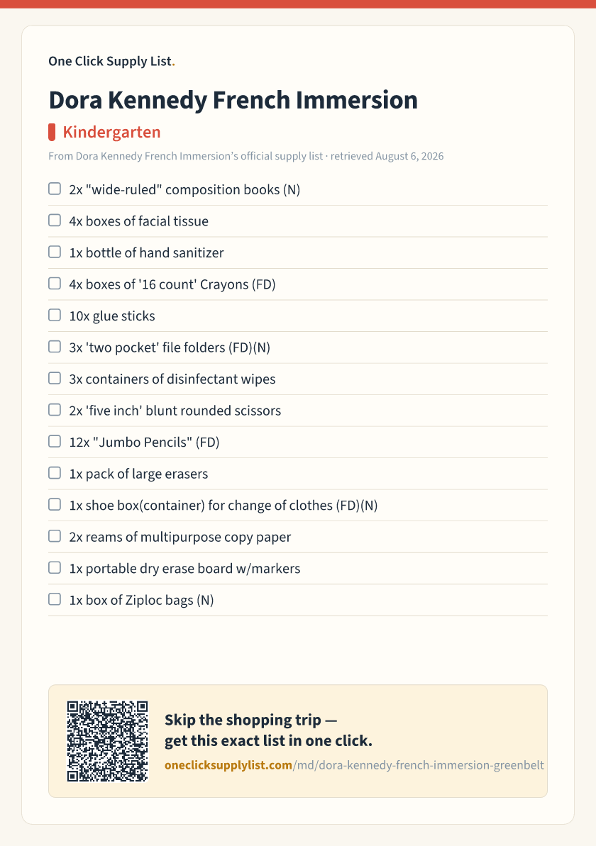 Dora Kennedy French Immersion Kindergarten supply list — printable image