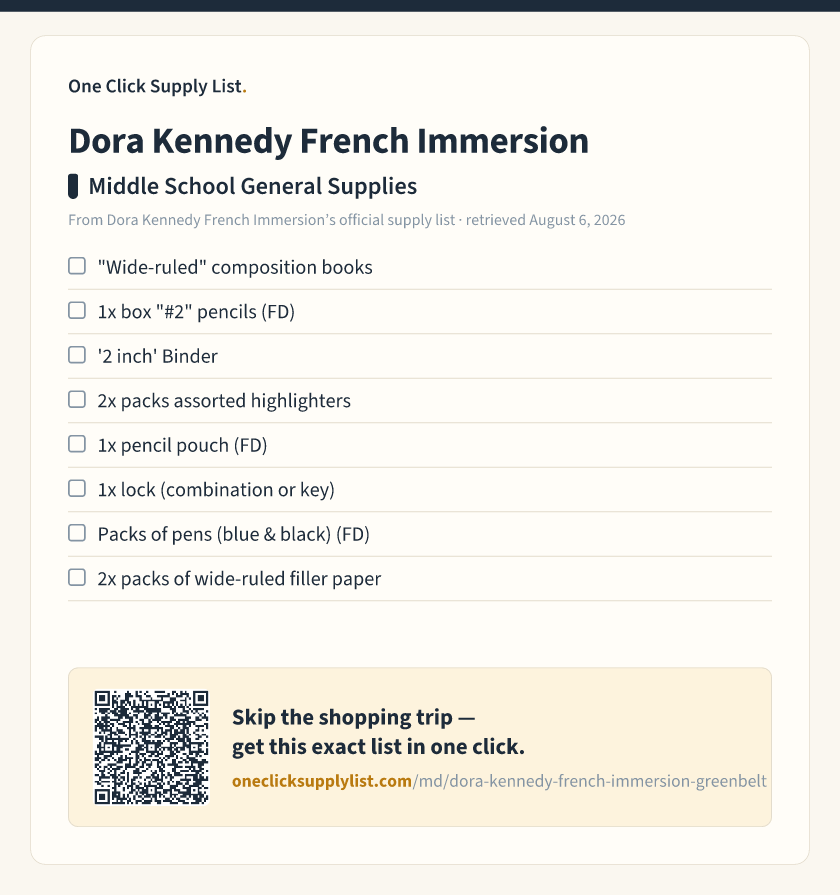 Dora Kennedy French Immersion Middle School General Supplies supply list — printable image