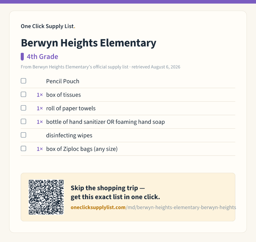 Berwyn Heights Elementary 4th Grade supply list — printable image